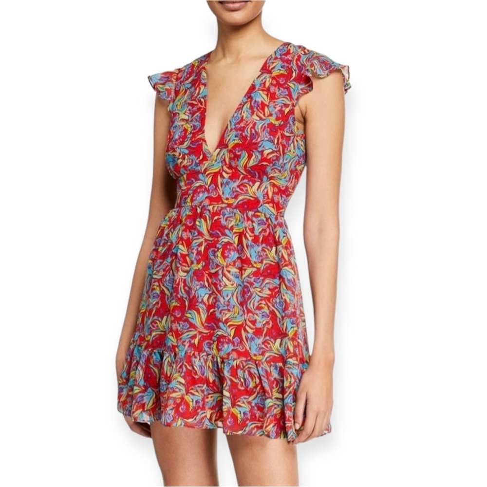 SALONI Printed V-Neck Flounce Short Mini Dress Size US 6
